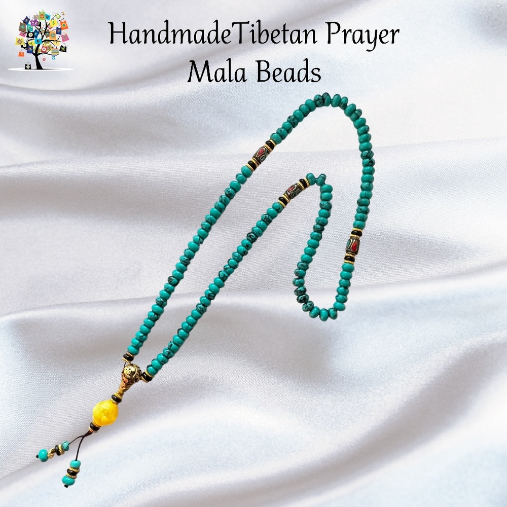 Tibetan Prayer Beads  Buddha Face Stone Red Coral/Turquoise Accents Handmade - Picture 2 of 6